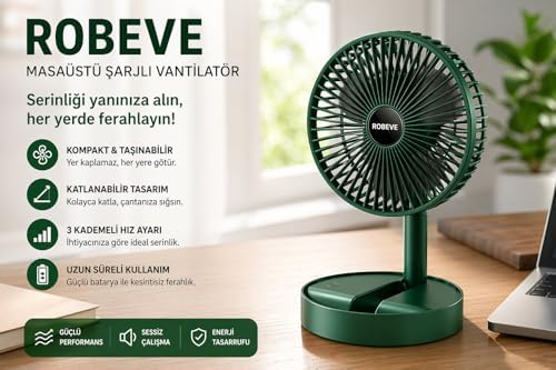 Masaüstü Şarjlı Vantilatör Katlanabilir Taşınabilir Fan – 3 Kademeli Hız, USB Şarjlı, Uzun Pil Ömrü, Sessiz Çalışma, Ofis Ev Seyahat İçin Mini Fan - Taşınabilir Vantilatör - Görsel 3