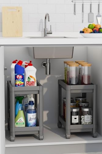 2 Katlı Tekerlekli Düzenleyici Raf Mutfak Tezgah & Evye Altı Dolap İçi Organizer, Banyo Deterjanlık ve Şampuanlık, Çok Amaçlı Taşınabilir Sebzelik, Modern Dekoratif Mutfak Raf Ünitesi (GRİ)