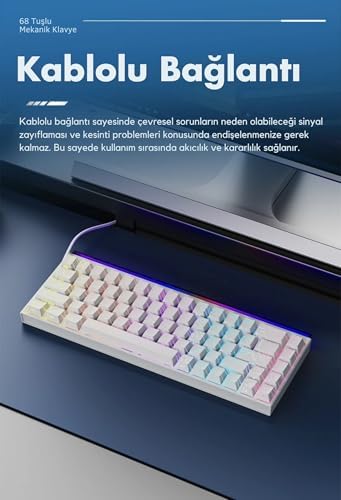 Desenli Kablolu Ergonomik Mekanik Oyuncu Klavyesi-Ambiyans Aydınlatmalı Nacodex NK-68 Kontur Desenli - Beyaz - Görsel 3
