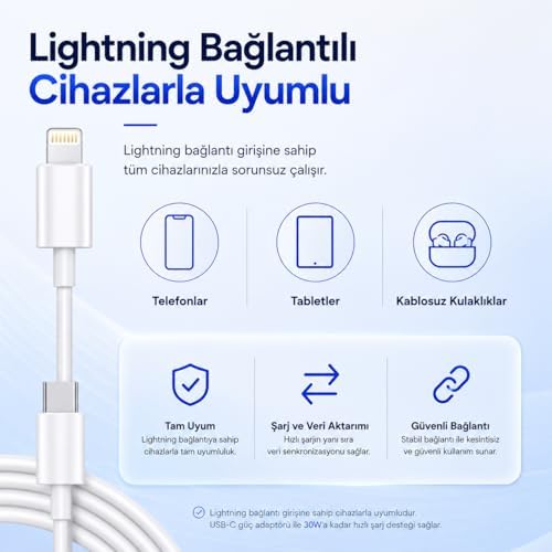 Type-C to Lightning Şarj Kablosu 1 Metre, 30W Hızlı Şarj ve Veri Aktarımı, Güçlendirilmiş Konektör Ucu, Lightning Girişli Cihazlarla Uyumlu, Beyaz Sarj Kablosu Yeni Nesil