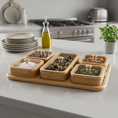 6 Parça Bambu Kahvaltılık Seti - Şeffaf Akrilik Kapaklı Kırılmaz Çerezlik, Reçellik ve Kahvaltı Sunum Tabağı (32.5 x 22 x 4 cm) - Görsel 3