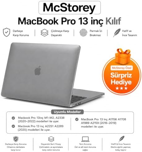 Alternative view of MacBook Pro 13 Kristal Şeffaf Kılıf A1706 A1708 A1989 A2159 A2251 A2289 A2338 M1 M2 Uyumlu Parmak İzi Bırakmaz İnce Hafif Sert Kapak Gri