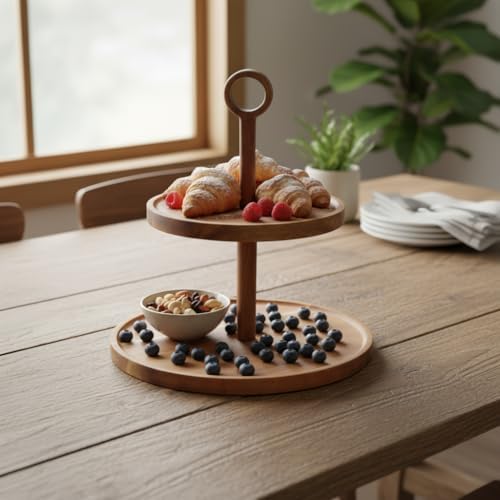 Alternative view of Doğal Akasya Ağacından Ahşap 2 Katlı Kurabiyelik ve Servis Tabağı | Sunum Standı | Çap: 18 cm, Yükseklik: 25 cm | Doğal ve Şık