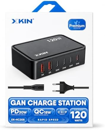 Alternative view of 120W GaN Şarj İstasyonu 5 Portlu Hızlı Şarj Adaptörü PD30W QC18W Smart Chip Teknolojili USB-A USB-C Çoklu Şarj Cihazı Masaüstü Hızlı Şarj Ünitesi | XK-HC205 (Siyah)