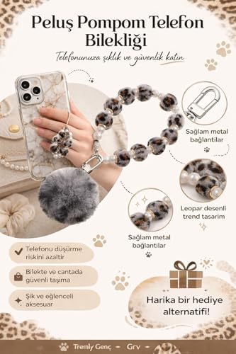 Alternative view of Peluş Ponpon Telefon ve Çanta Bilekliği – Gri Leopar ve Düz Leopar Renkli Yumuşak Kürklü Anahtarlık, Telefon Askısı ve Şık Boncuklu Kadın Aksesuarı