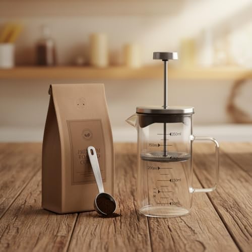 Borosilikat Cam French Press 350ml - Paslanmaz Çelik Filtreli Ölçekli Kahve ve Bitki Çayı Demliği - Isıya Dayanıklı Kişisel Kupa - Metal Kapaklı - Görsel 3
