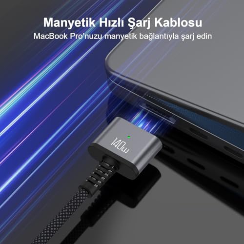 Alternative view of BXM3C 140W Type-C to Magsafe 3 Macbook Pro ve Macbook Air 13″ 14″ 16″ M1 M2 Uyumlu PD 3.1 Manyetik Örgülü Hızlı Şarj Kablosu 2 Metre