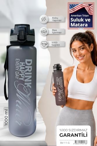 Su Matarası 1L - BPA İçermez Tritan Motivasyonel Suluk - Okul - Spor - Kamp - Pro Matara (SİYAH) - Görsel 2