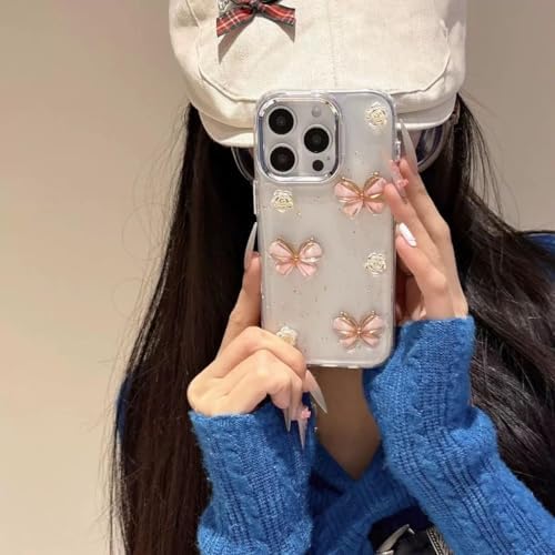 3D Pembe Kelebekli Çiçekli Şeffaf Simli iPhone 15 Pro Max Uyumlu Kılıf – Kamera Korumalı, Darbe Emici Silikon - Görsel 2