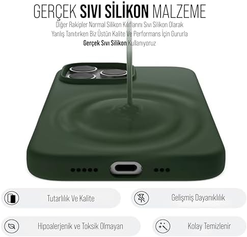 iPhone Kılıf İnce Sıvı Silikon 3 Katmanlı Tam Kaplamalı Yumuşak Jel Kauçuk Kılıf Kapak (Asker Yeşili (45), iPhone 15 Pro) - Görsel 3