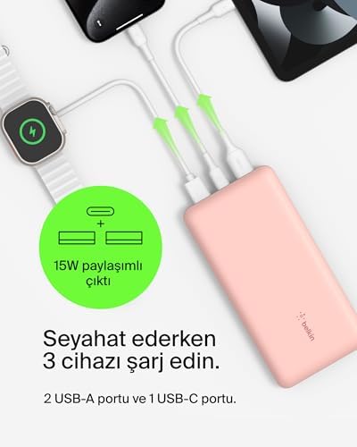 USB C Taşınabilir Şarj Cihazı 20000 mAh, USB Tip C Giriş Çıkış Bağlantı Noktalı 20K Güç Bankası için USB C - A Kablosu Dahil 2 USB A Bağlantı Noktası – Rose Gold - Görsel 3