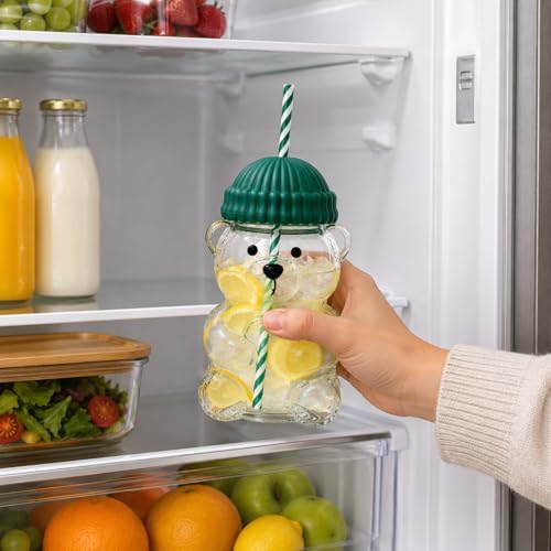 580 ML Ayıcık Desenli Cam Bardak Pipetli Silikon Kapaklı Soğuk Kahve Bardağı Şeffaf Cam Kupa Sevimli Ayıcık Bardak Bubble Tea Smoothie Milkshake Meyve Suyu İçecek Bardağı Çocuk ve Yetişkin - Görsel 3