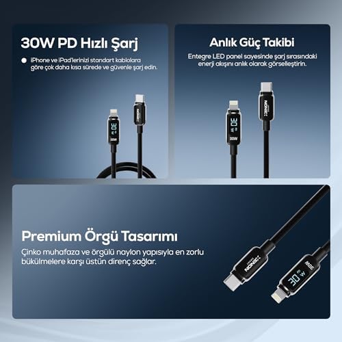 Alternative view of Xenon Smart Type-C to Lightning iPhone Şarj Kablosu | 30W PD Hızlı Şarj 2m LED Örgü 480Mbps X6427