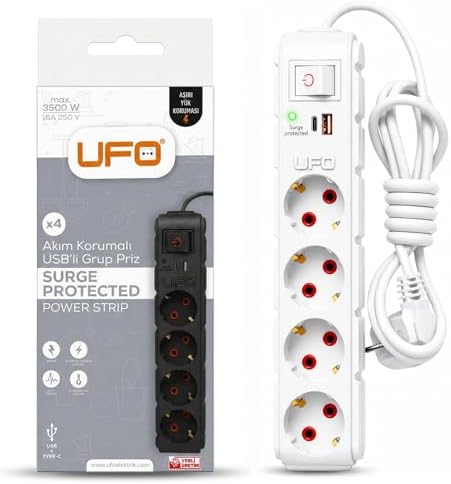 Yeni 4lü Akım Korumalı Grup Priz 1,5 Metre Bakır Kablolu, 5V 2,4A USB ve Type-C ile Şarj, Anahtarlı Topraklı Priz, Sürekli Koruma, 16A 250V, Max 3500W Aşırı Yük Koruması, 1,5m. Beyaz renk