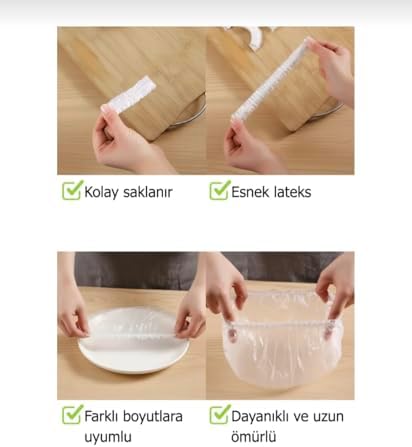 100 Adet Gıda Bonesi Streç Kapak | Esnek Tabak ve Kase Kaplama Bonesi | Yeniden Kullanılabilir Gıda Koruyucu Kapak | Mutfak Saklama Bonesi | Sevimli İpli Saklama Torbası
