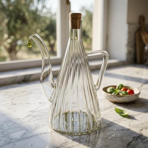 500 ml Akasya Ahşap Kapaklı Borosilikat Cam Yağlık ve Sirkelik - Düz ve Çizgili Desen Seçenekleriyle Şık Konik Tasarımlı Cam Kulplu Damlatmaz Mutfak Gereci (ÇİZGİLİ)
