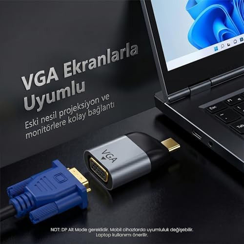 Alternative view of Type-C to VGA Çevirici Mini Adaptör - USB-C'den VGA Görüntü Dönüştürücü - Alüminyum Gövde - Laptop Uyumlu - Tak Çalıştır