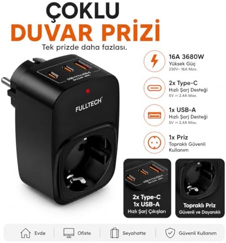 Alternative view of Akım Korumalı Priz, Tekli Priz, USB’li Priz ve Type-C Priz, Priz Çoklayıcı, Voltaj Korumalı Priz, 16A 3680W Duvar Tipi (SİYAH)