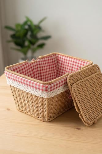 Kapaklı Rattan Vintage Dantelli Dikdörtgen Piknik Sepeti -9T14 U/6