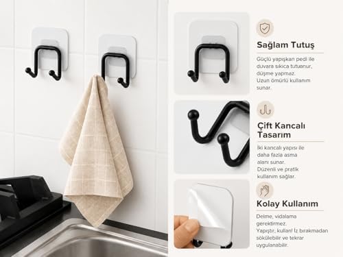 2’li Güçlü Kancalı Askılık Siyah – Yapışkanlı Duvar Askısı, Delmeden Montajlı Havlu ve Bez Askısı, Banyo, Mutfak ve Çamaşır Odası İçin Pratik Askı Seti