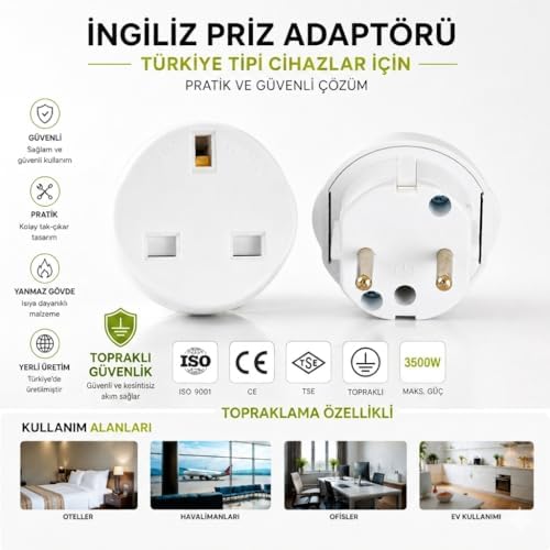 Alternative view of İngiliz Priz Adaptörü, UK Fiş Dönüştürücü, Topraklı Seyahat Adaptörü; Türkiye Tipi Cihazlar İçin 3500W Güç, TSE & CE Sertifikalı Yanmaz Gövde - İngiltere Dubai Hong Kong Singapur Uyumlu Almera