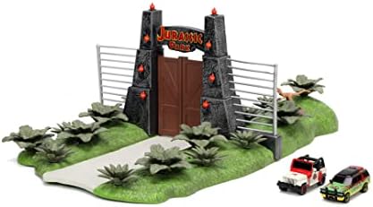 Jada Toys Jurassic World Nano Scene (17 x 18 cm) - Jurassic Park Gate ile oyun arka planı, 2 metal araba (Jeep Wrangler ve Ford Explorer) ve dinozor dekorasyonu, 6 yaşından büyük hayranlar ve çocuklar - Görsel 2