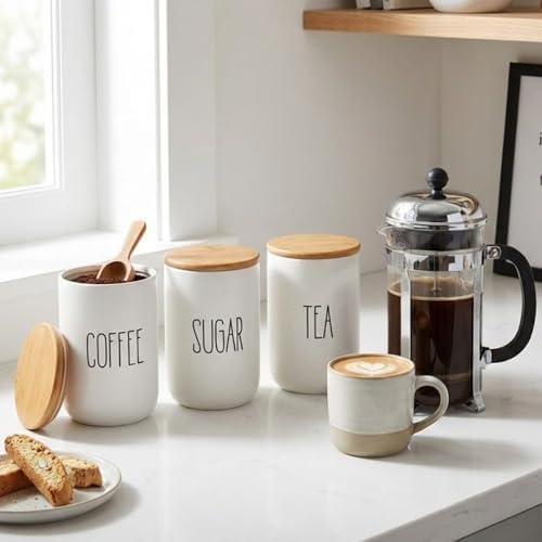 Alternative view of 3'lü Bambu Kapaklı Seramik Kavanoz Seti - Vakumlu Çay Şeker Kahve Saklama Kabı - Coffee Sugar Tea Yazılı Beyaz Baharatlık (700 ml)