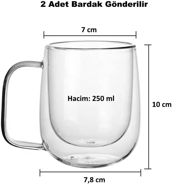 2 Adet Çift Cidarlı Cam Kupa Bardak 250 ml Çift Camlı Bardak Kupa Double Walled Glass - Görsel 3