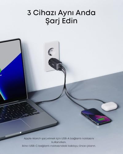 PowerPort III Hızlı Şarj Cihazı, 65W, GaN II Teknolojisi, 3 Portlu (2x USB-C, 1x USB-A) Kompakt Adaptör, PPS Hızlı Şarj Cihazı, Siyah - A2667 - Görsel 3