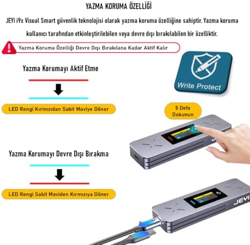 JEYI i9X Visual Smart Yazma Koruma Özellikli M.2 (PCIe) NVMe ve M.2(NGFF) SATA SSD To USB 3.2 Gen2 Çevirici Dönüştürücü Adaptör Harici Taşınabilir Alüminyum SSD Muhafaza Kutusu