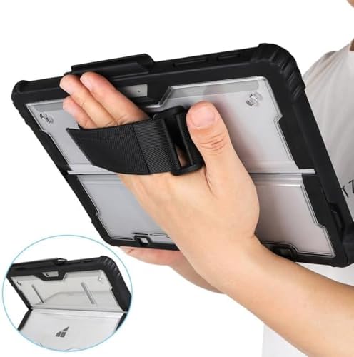 Surface Pro 9/10/11 13 İnç Surface Pro Copilot+ Pc Rugged Kılıf – 360° Stand, El Kayışı, Omuz Askısı, Darbe Emici Koruma Şeffaf Arka Darbe Emici Standlı Stylus Kalem Tutucu Koruyucu Siyah