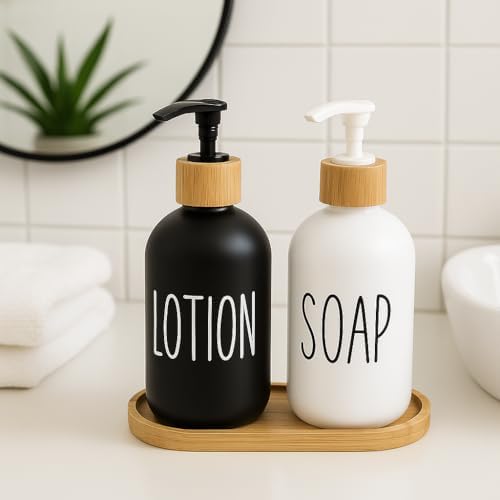 Alternative view of 2’li Cam Sıvı Sabunluk ve Losyonluk Seti | 500 ml Siyah & Beyaz Boyalı Cam | Bambu Kapak ve Ahşap Altlıklı Banyo Seti | Şık ve Dayanıklı Tasarım