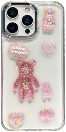 Alternative view of 3D Pembe Ayıcık Simli iPhone 15 Plus / 14 Plus Uyumlu Telefon Kılıfı – Şeffaf Silikon Glitter Bear Tasarımlı Darbe Emici