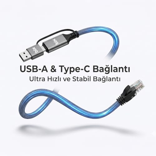 C6AC15 2in1 USB-A & Type-C to RJ45 1000Mbps Gigabit Ethernet Dönüştürücü CAT6 Kablo 1.5 Metre Thunderbolt 3/4/5, Mac/Windows/iPad/Android Uyumlu - Görsel 3
