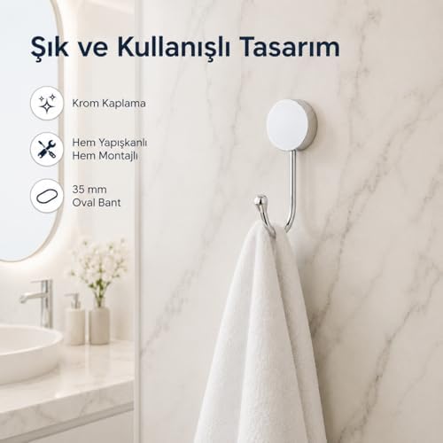Alternative view of İris Krom Kaplama Tekli Askılık, Yapışkanlı ve Vidalı Montajlı Duvar Askısı, 35 mm Oval Bantlı Banyo Mutfak Antre Askısı