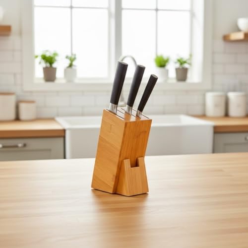 Bambu Ahşap Bıçak Standı – 220 mm Eğik Tasarım, Kaymaz Tabanlı, Çoklu Bıçak Yuvalı, Modern ve Doğal Mutfak Düzenleyici - Görsel 3
