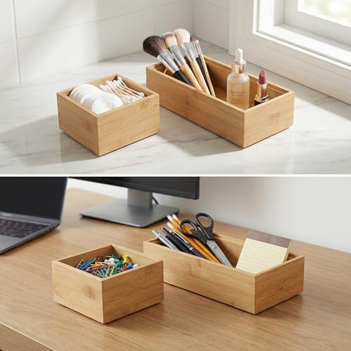 2'li Çok Amaçlı Bambu Organizer Set - Büyük ve Küçük Boy Banyo, Mutfak ve Ofis Düzenleyici Kutu - Ahşap Dekoratif Saklama Seti (33x16x12 cm & 15x15x6 cm)