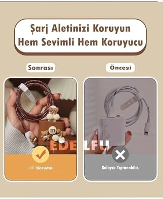 iPhone 18W/20W ile Uyumlu Ayıcık Şarj Kılıfı, Şarj Kablosu Örme Aparatı, Toparlayıcı ve Kablo Koruyucu Set – Kahverengi - Görsel 3