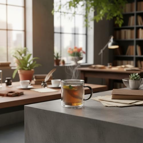 250 ml Çift Cidarlı Borosilikat Cam Kupa - Antrasit Detaylı, Dikey Çizgili Isıya Dayanıklı Kahve ve Çay Bardağı - Görsel 3
