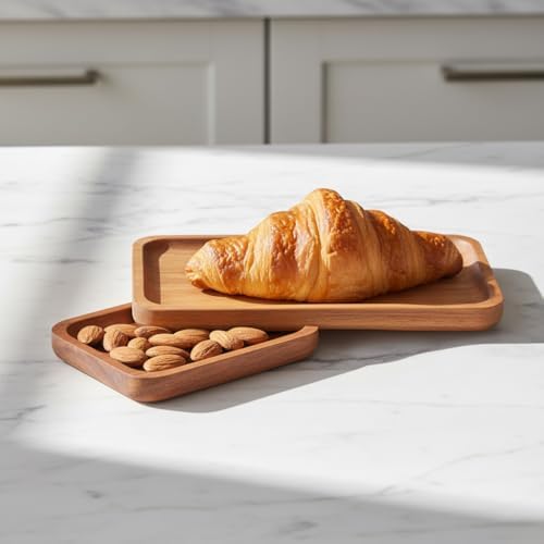 2'li Doğal Akasya Ahşap Dikdörtgen Servis Tabağı ve Çerezlik Seti – 12x9 cm ve 20x11 cm Kahve Yanı Sunumluk, Sushi ve Meze Tepsisi (İkili Takım)