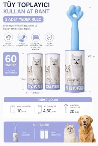 Kedi Patili Tüy Toplayıcı Sticky Roller Seti – 60 Yapraklı Güçlü Yapışkanlı Kullan At Bant + 2 Adet Yedek Rulo – Evcil Hayvan Tüyü, Toz ve Kıl Temizleyici Pratik Rulo (Mavi) - Görsel 3