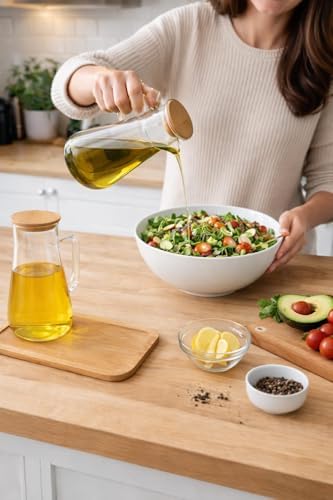 Alternative view of Cam Yağlık Şişe Seti Ahşap Kapaklı, Damlatmaz Akıtma Uçlu Cam Sirkelik ve Zeytinyağı Şişesi, Ölçü İşaretli Mutfak Yağ Dispenseri, Salata Sosu Dökme Sürahisi, Sızdırmaz Kapaklı
