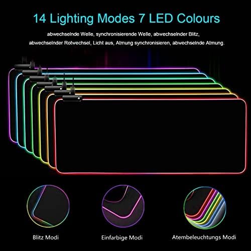 Owege Oyun fare altlığı XXL 800 x 300 mm RGB fare altlığı, büyük, 14 aydınlatma modu, 7 LED renk, dikişli kenarlar, su geçirmez, kaymaz, hassasiyeti artırır, komple siyah