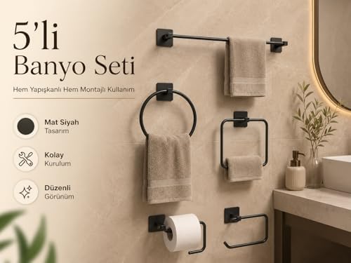Alternative view of 5’li Siyah Banyo Seti, Yapışkanlı ve Vidalı Montajlı, Uzun Havluluk, Halka Havluluk, Kare Havluluk, Solo Havlu Rulo Askısı ve Tuvalet Kağıdı Askısı