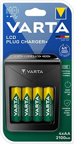 Akü şarj cihazı, 4 x AA 2100 mAh dahil, şarj edilebilir AA/AAA/9V ve USB cihazlar için, LCD Plug Charger+, tek yuvalı şarj, siyah