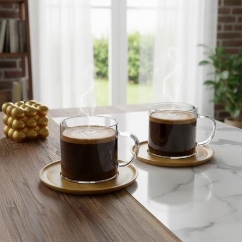 Bambu Tabaklı 2'li Cam Fincan Seti 150 ml - Yuvarlak/Kare Seçenekli Borosilikat Bitki Çayı ve Double Kahve Fincanı (YUVARLAK TABAKLI) - Görsel 3