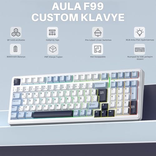 Alternative view of Aula F99 Mekanik RGB GrayWood V4 Switch 3 Modlu Kablosuz Makrolu Hot Swap Türkçe Q Klavye Lacivert