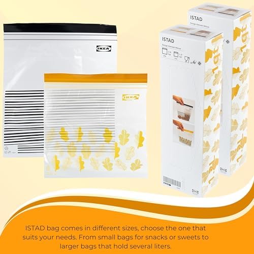 ISTAD Orta Boy Çift Mühürlü Tekrar Kullanılabilir Gıda Torbaları, 1,2 ve 2,5 Litre, Siyah Çizgili/Sarı Yaprak - 100 Adetlik Set