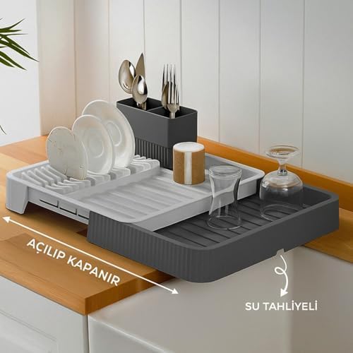 Açılır Kapanır Sürgülü Bulaşık Sepeti ve Kurutmalık – Genişleyebilir Pratik Mutfak Düzenleyici | Çatal Kaşıklık ve Tabak Bölmeli, Yerden Tasarruf Ettiren (32cm veya 52cm Uzunluk) Antrasit-Gri - Görsel 3