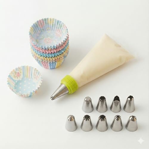 Krema Sıkma Torbası Seti (9 Çelik Uç + 100'lü Renkli Muffin Kağıdı) – Pasta Süsleme ve Cupcake Yapımı İçin Pratik Set - Görsel 3